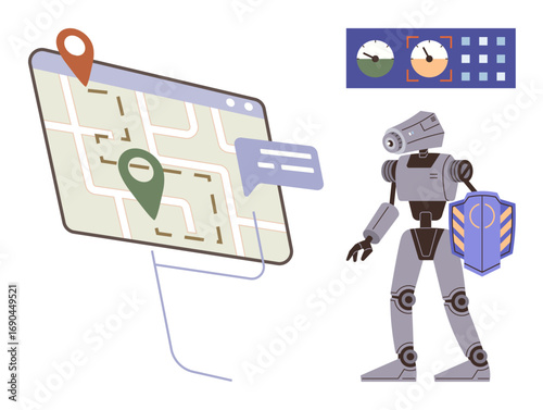 Robot holding shield near digital map with location pins and chat bubble, analytics dashboard on the side. Ideal for navigation, security, AI technology, robotics, data analysis, cyber defense