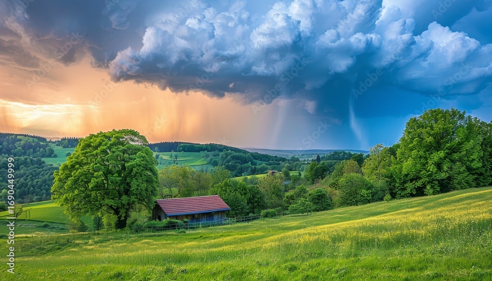 Obraz premium Dramatic stormy sky casting shadows over expansive wheat field in rural landscape