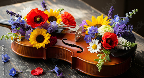 Violin adorned with vibrant wildflowers on rustic wooden surface.