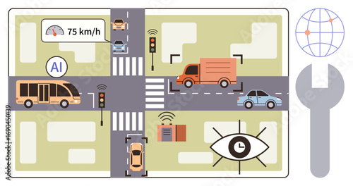 AI managing vehicles at crossroads with traffic lights, buses, cars, and sensors. Ideal for transportation, urban planning, technology, automation, smart cities traffic safety simple flat metaphor