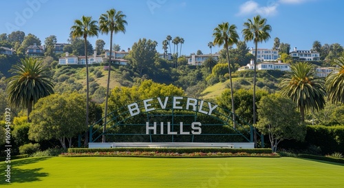 Beverly Hills Entrance Sign with Tall Palm Trees and Hills in Background