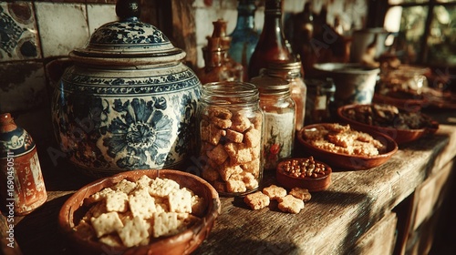 Vintage kitchenware holding handcrafted snacks, bathed in warm nostalgic light.