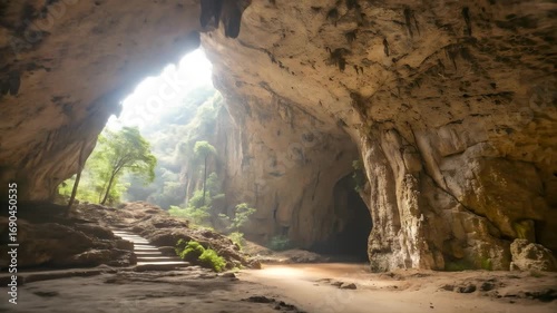 Inside the ancient rock cavern, sunlight streams over the natural stone of the cave