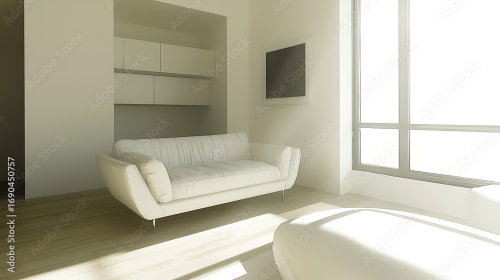 Fototapeta premium Modern Minimalist Living Room with Bright Natural Light and Clean Lines