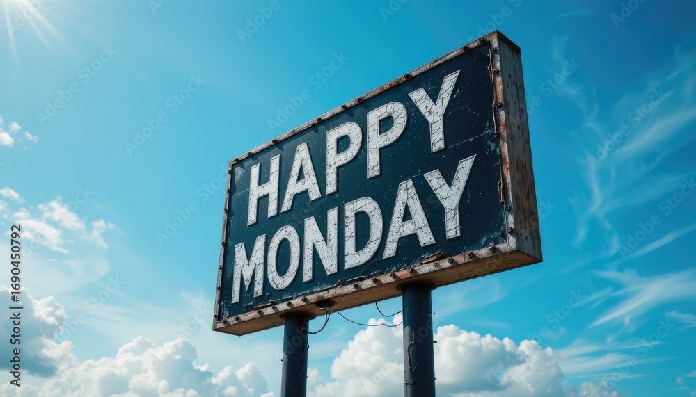 Obraz premium Happy Monday sign against a bright blue sky with scattered clouds