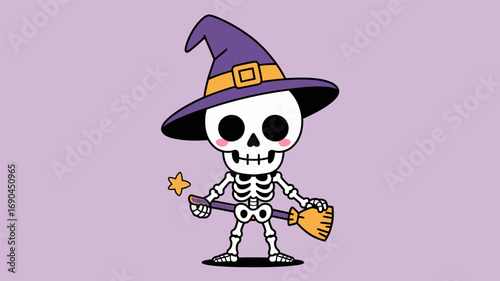 Cute cartoon skeleton character wearing a purple witch hat and holding a broomstick with a small bat silhouette