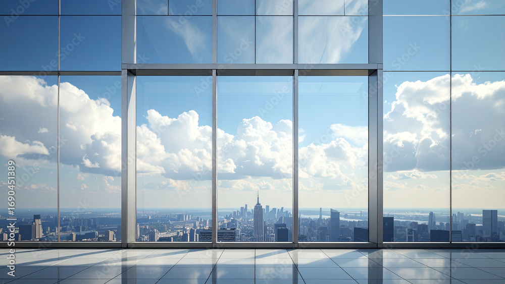 Fototapeta premium Minimalist photo of panoramic window reflecting clouds and city skyline on modern skyscraper