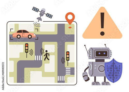 Map with car, pedestrian, traffic lights, satellite, alert sign, robot, shield. Ideal for tech innovation AI smart cities transportation safety automation cybersecurity. Simple flat metaphor