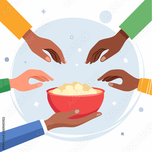 Diverse Hands Reaching For Food Bowl