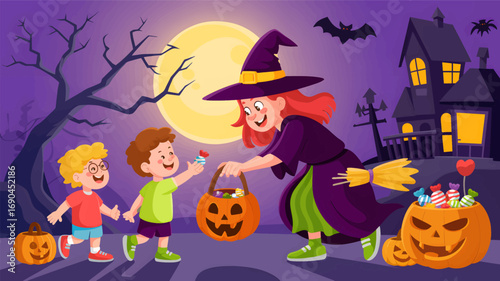 Whimsical halloween scene with a friendly witch giving candy to children trick or treating in front of a spooky haunted house silhouette