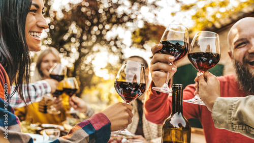 Happy friends drinking red wine at bbq dinner party