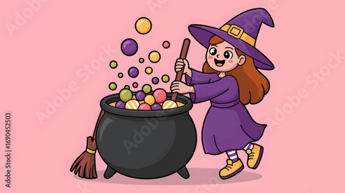 Cute cartoon witch stirring a bubbling cauldron filled with colorful ingredients and a broomstick nearby halloween silhouette