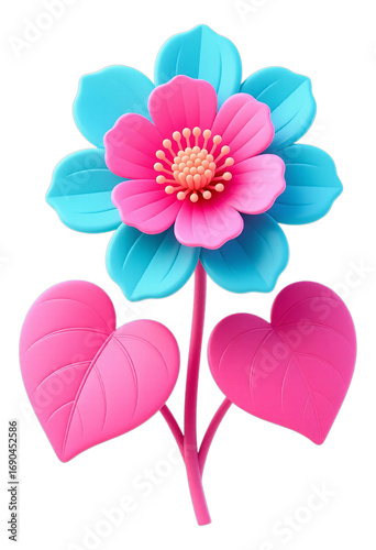 Pink and Blue Blooming Flower with Transparent Background, 3D Realism Graphic for Web Design