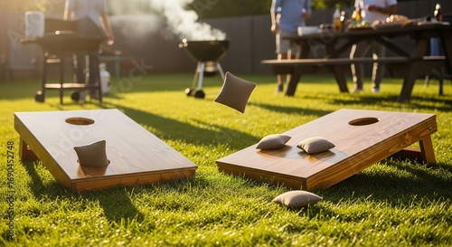 Outdoor Cornhole Game Setup in Sunny Backyard During Social Gathering
