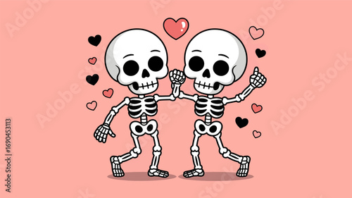 Two cartoon skeletons holding hands and dancing happily surrounded by small hearts in a charming silhouette style
