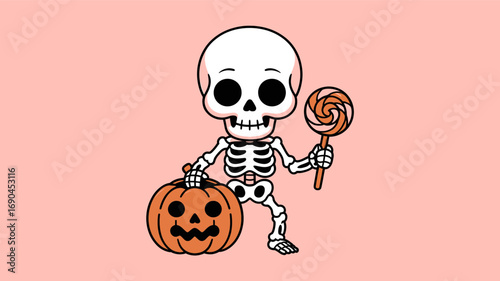 Cute cartoon skeleton character holding a carved halloween pumpkin and a lollipop silhouette