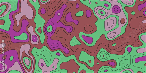 Vibrant abstract topographic contour map pattern in purple green and brown with black outlines for modern graphic design and artistic backgrounds