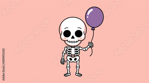 Cute cartoon skeleton character holding a purple balloon a charming and whimsical illustration silhouette