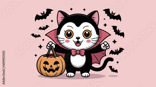 Adorable cartoon vampire cat in a dracula costume holding a carved halloween pumpkin with bats flying around silhouette