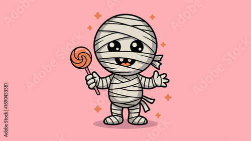 Cute cartoon mummy character holding a colorful lollipop and wearing bandages in a fun silhouette style illustration