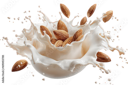 Almonds Splashing into Creamy Milk on Transparent Background