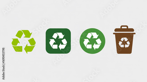 A set of four recycling and waste management icons arranged horizontally against a white background.
