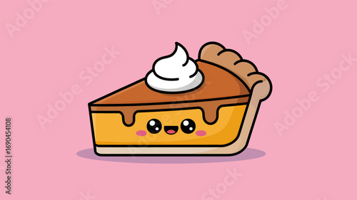 Adorable kawaii style pumpkin pie slice with whipped cream topping and cute face silhouette