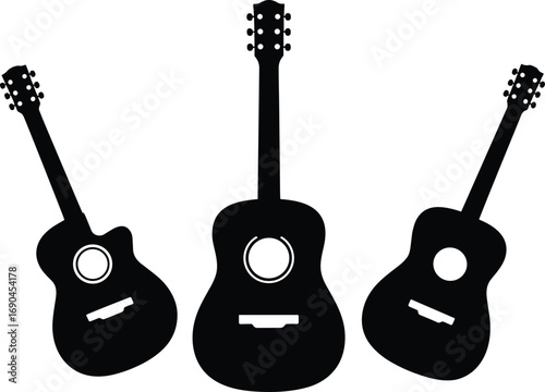 Acoustic guitar silhouettes, black musical instrument icons, stringed guitar shapes, sound hole design, isolated vector art, music symbol collection