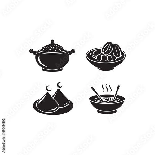 Silhouette illustration of diverse global dishes, perfect for food blogs or restaurant menus.This image showcases simple, black silhouette icons of various cuisines.