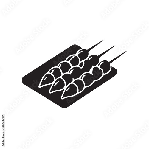 Black and white illustration of skewers with food.A simple, black and white graphic of food skewers.