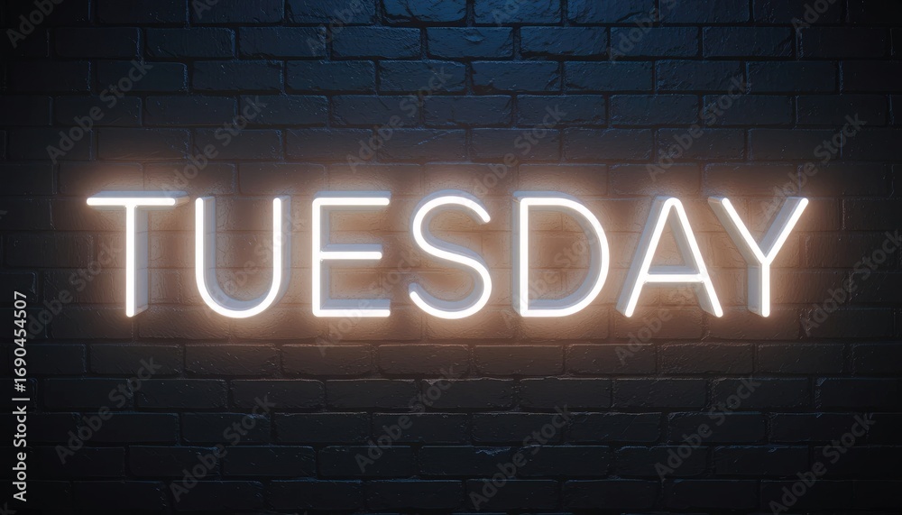 Obraz premium Neon sign spelling tuesday against a brick wall