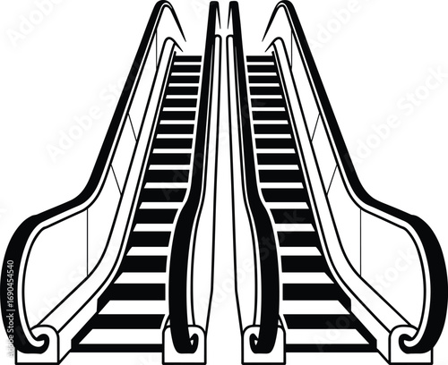 Escalator icon, black white silhouette, public transport design, ascending descending stairs, infrastructure concept, mall airport architecture, mechanical steps