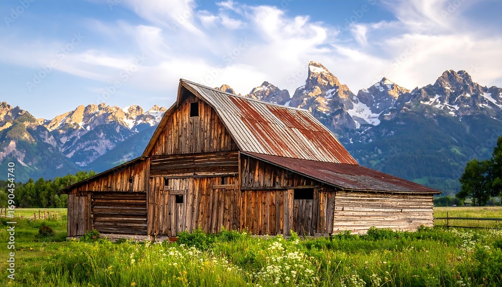 Obraz premium Rustic barn nestled in a valley, mountains in the background
