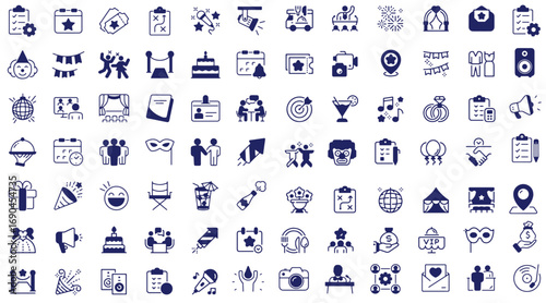 Event planning set of web icons in linear style. Event organisation icons for web and mobile app. Management, wedding, entertainment, catering, invitations, catering, coordination. Vector illustration