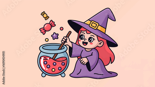 Cute cartoon witch girl stirring a bubbling cauldron with candy floating around her in silhouette