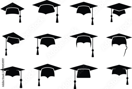 Graduation cap silhouette set, academic hat icons, mortarboard vector collection, education symbols, black isolated caps for school ceremony design