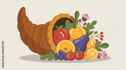 Abundant cornucopia overflowing with colorful fresh fruits and vegetables representing harvest bounty and autumn abundance silhouette