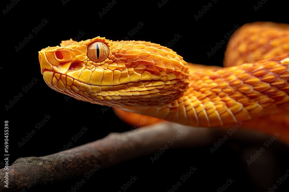 Fototapeta premium A striking close-up captures the textured scales and intense gaze of an orange viper resting on a branch, highlighting its natural beauty and reptilian form.