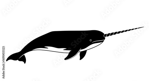 Black and white illustration of a narwhal, a marine mammal with a distinctive long, spiraled tusk, swimming in profile.