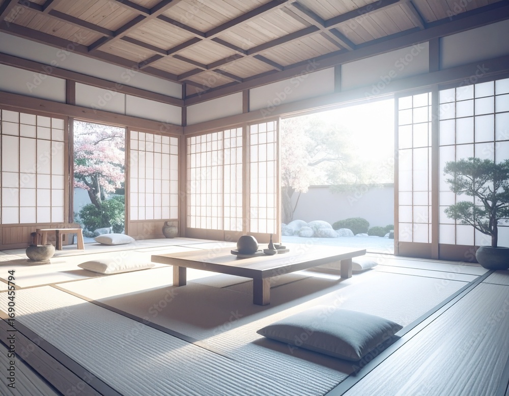 Fototapeta premium A hyper-realistic Japanese Zen living room glowing in golden magic hour light.