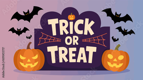 Halloween trick or treat sign with jack o lanterns and flying bats in a silhouette style