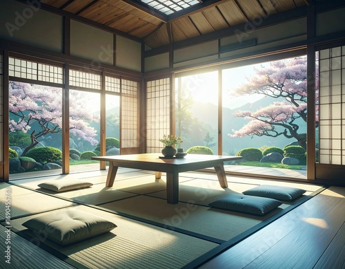 A hyper-realistic Japanese Zen living room glowing in golden magic hour light.