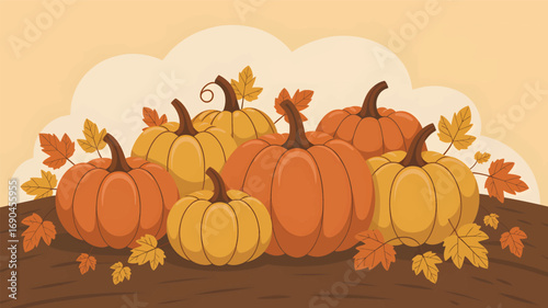 A vibrant autumn harvest of assorted pumpkins and fallen leaves creating a festive seasonal display silhouette