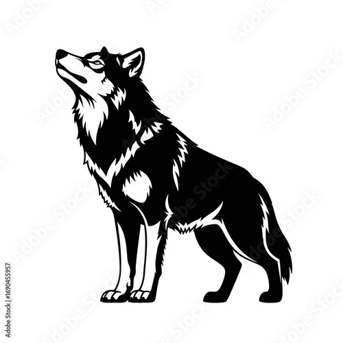 Stylized black and white illustration of a majestic wolf standing and looking upwards, embodying strength and wilderness.