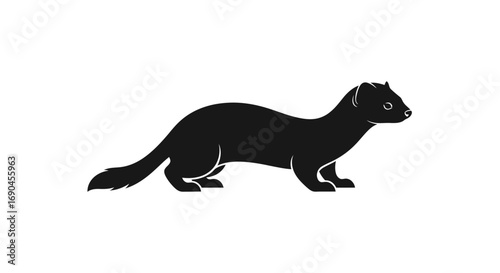 Silhouette of a black weasel in profile, depicted against a plain white background, showing its slender body.