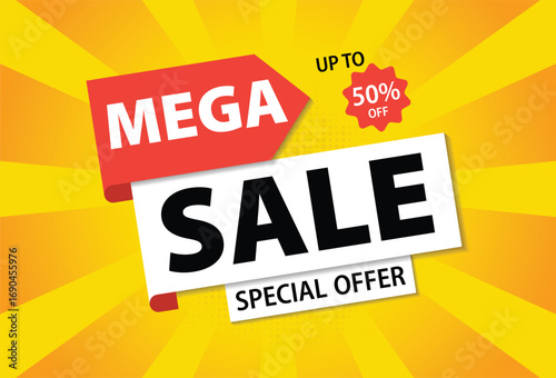 Mega Sale banner template design with comic background. Special offer up to 50% off. Mega sale vector illustration.