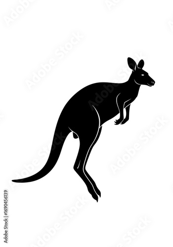 A black silhouette of a kangaroo in profile, standing on its powerful hind legs, isolated on a white background.