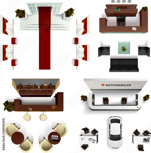 Overhead View: Modern Car Dealership Showroom Interior Design Elements, Reception, Waiting Area, and Office Spaces.