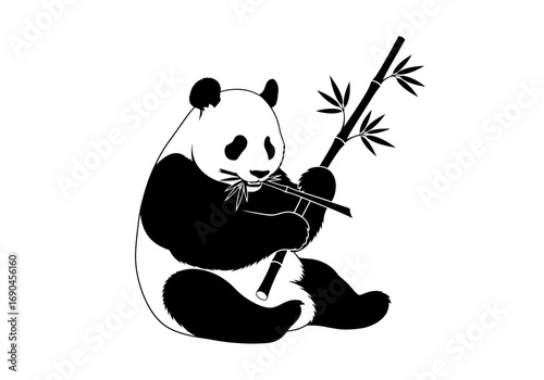 Black and white illustration of a giant panda sitting and eating a bamboo stalk, depicted in a simple graphic style.