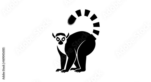 A stylized black and white illustration of a ring-tailed lemur looking back over its shoulder with its striped tail curled upwards.